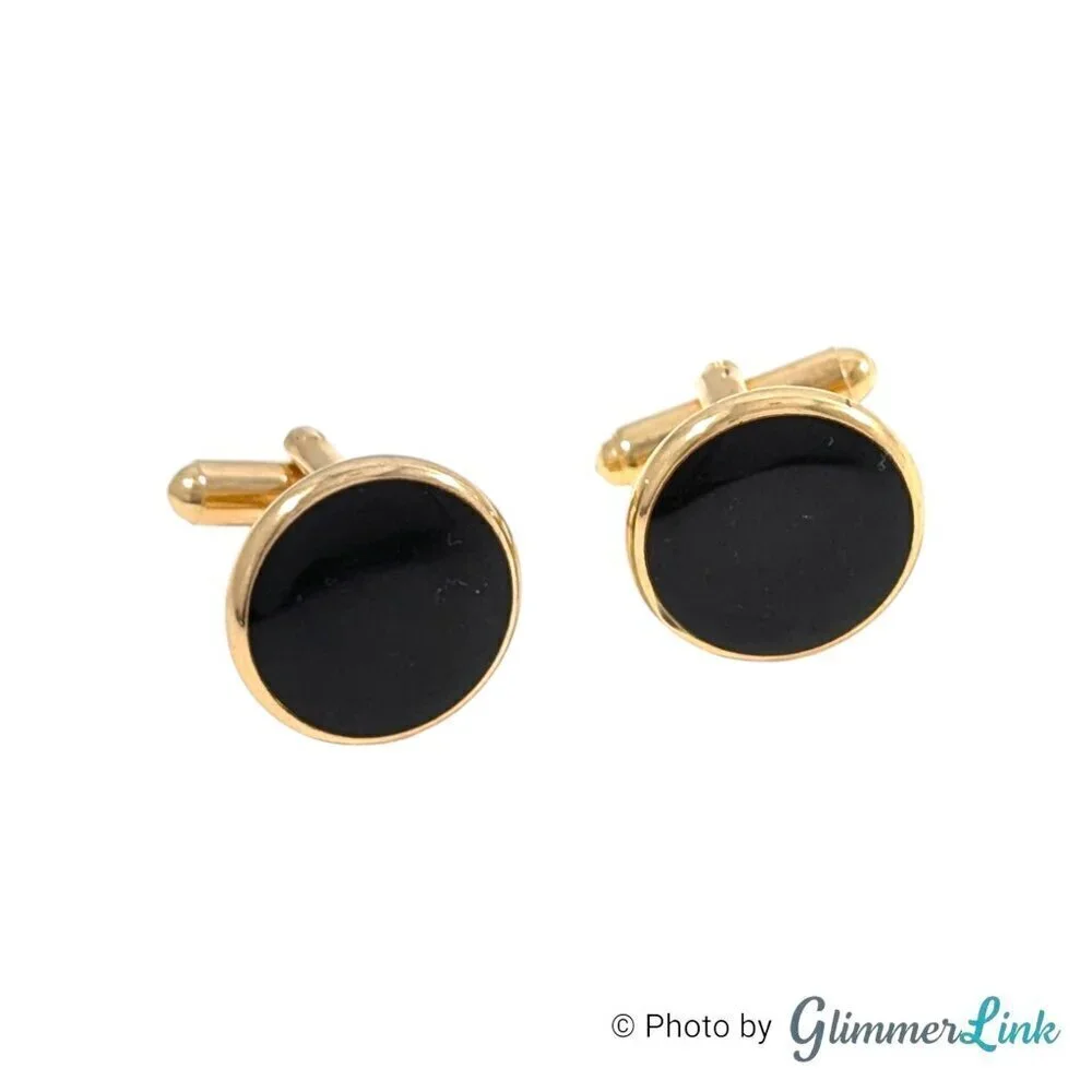 Black Enamel Circle Art Deco Style Gold Tone Cufflinks